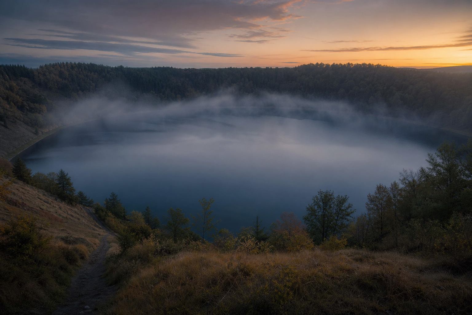 Frühmorgendlicher Kratersee mit Nebelschleiern in der Vulkaneifel